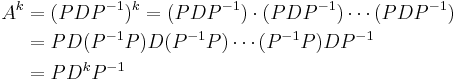 \begin{align} A^k &= (PDP^{-1})^k = (PDP^{-1}) \cdot (PDP^{-1}) \cdots (PDP^{-1}) \\ 
&= PD(P^{-1}P) D (P^{-1}P) \cdots (P^{-1}P) D P^{-1} \\
&= PD^kP^{-1} \end{align} 