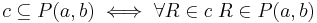 c \subseteq P(a,b) \iff \forall R \in c \; R \in P(a,b)