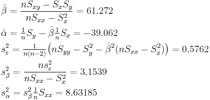 \begin{align}
  & \hat\beta  = \frac{nS_{xy}-S_xS_y}{nS_{xx}-S_x^2} = 61.272 \\
  & \hat\alpha = \tfrac{1}{n}S_y - \hat\beta \tfrac{1}{n}S_x = -39.062 \\

  & s_\varepsilon^2 = \tfrac{1}{n(n-2)} \big( nS_{yy}-S_y^2 - \hat\beta^2(nS_{xx}-S_x^2) \big) = 0.5762 \\
  & s_\beta^2 = \frac{n s_\varepsilon^2}{nS_{xx} - S_x^2} = 3.1539 \\
  & s_\alpha^2 = s_\beta^2 \tfrac{1}{n} S_{xx} = 8.63185
  \end{align}