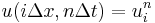 u(i \Delta x, n \Delta t) = u_{i}^{n}\,