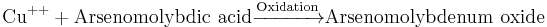 \mathrm{Cu}^{%2B%2B} %2B \mathrm{Arsenomolybdic\ acid}\xrightarrow{\mathrm{Oxidation}} \mathrm{Arsenomolybdenum\ oxide}