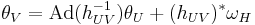 \theta_V = \operatorname{Ad}(h^{-1}_{UV})\theta_U %2B (h_{UV})^* \omega_H 