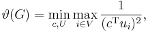 
  \vartheta(G) = \min_{c, U} \max_{i \in V} \frac{1}{(c^\mathrm{T} u_i)^2},
