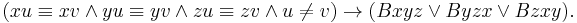 (xu \equiv xv \and yu \equiv yv \and zu \equiv zv \and u \ne v) \rightarrow (Bxyz \or Byzx \or Bzxy).