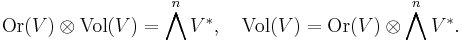  \operatorname{Or}(V)\otimes \operatorname{Vol}(V) = \bigwedge^n V^*, \quad \operatorname{Vol}(V) = \operatorname{Or}(V)\otimes \bigwedge^n V^*. 