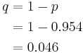 
\begin{align}
q & = 1 - p \\
& = 1 - 0.954 \\
& = 0.046
\end{align}
