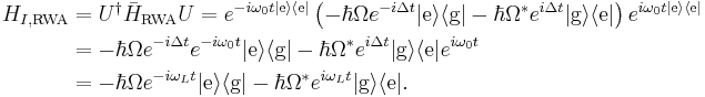 \begin{align}

H_{I,\text{RWA}}&=U^\dagger\bar{H}_\text{RWA}U
=e^{-i\omega_0t|\text{e}\rangle\langle\text{e}|}
  \left(-\hbar\Omega e^{-i\Delta t}|\text{e}\rangle\langle\text{g}|
    -\hbar\Omega^*e^{i\Delta t}|\text{g}\rangle\langle\text{e}|\right)
  e^{i\omega_0t|\text{e}\rangle\langle\text{e}|} \\
&=-\hbar\Omega e^{-i\Delta t}e^{-i\omega_0t}|\text{e}\rangle\langle\text{g}|
  -\hbar\Omega^*e^{i\Delta t}|\text{g}\rangle\langle\text{e}|e^{i\omega_0t} \\
&=-\hbar\Omega e^{-i\omega_Lt}|\text{e}\rangle\langle\text{g}|
  -\hbar\Omega^*e^{i\omega_Lt}|\text{g}\rangle\langle\text{e}|.
\end{align}