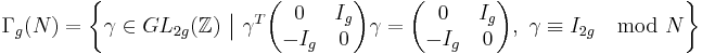 \Gamma_g(N)=\left\{ \gamma \in GL_{2g}(\mathbb{Z}) \ \big| \ \gamma^{T} \begin{pmatrix} 0 & I_g \\ -I_g & 0 \end{pmatrix} \gamma= \begin{pmatrix} 0 & I_g \\ -I_g & 0 \end{pmatrix} , \ \gamma \equiv I_{2g}\mod N\right\}