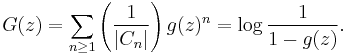  G(z) = \sum_{n\ge 1} \left(\frac{1}{|C_n|}\right) g(z)^n = 
\log \frac{1}{1-g(z)}.