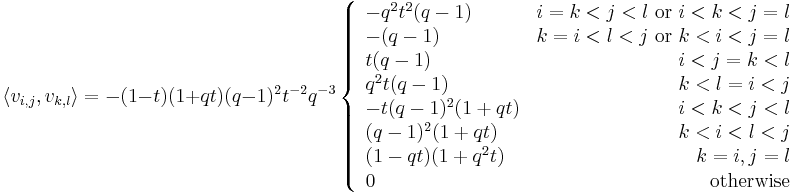  \langle v_{i,j}, v_{k,l}\rangle = -(1-t)(1%2Bqt)(q-1)^2t^{-2}q^{-3}
\left\{
\begin{array}{lr}
-q^2t^2(q-1) & i=k<j<l \text{ or } i<k<j=l \\
-(q-1) & k=i<l<j \text{ or } k<i<j=l \\
t(q-1) & i<j=k<l \\
q^2t(q-1) & k<l=i<j \\
-t(q-1)^2(1%2Bqt) & i<k<j<l \\
(q-1)^2(1%2Bqt) & k<i<l<j \\
(1-qt)(1%2Bq^2t) & k=i, j=l \\
0 & \text{otherwise} \\
\end{array}
\right.