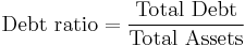 \mbox{Debt ratio} = \frac {\mbox{Total Debt}} {\mbox{Total Assets}}