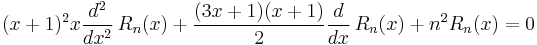 (x%2B1)^2x\frac{d^2}{dx^2}\,R_n(x)%2B\frac{(3x%2B1)(x%2B1)}{2}\frac{d}{dx}\,R_n(x)%2Bn^2R_{n}(x) = 0