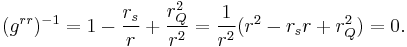 
(g^{rr})^{-1}= 1 - \frac{r_{s}}{r} %2B \frac{r_{Q}^{2}}{r^{2}} = \frac{1}{r^2}(r^2 - r_sr %2B r_Q^2) = 0.
