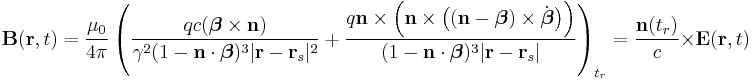 \mathbf{B}(\mathbf{r}, t) = \frac{\mu_0}{4 \pi} \left(\frac{q c(\boldsymbol{\beta} \times \mathbf{n})}{\gamma^2 (1-\mathbf{n} \cdot \boldsymbol{\beta})^3 |\mathbf{r} - \mathbf{r}_s|^2} %2B \frac{q \mathbf{n} \times \Big(\mathbf{n} \times \big((\mathbf{n} - \boldsymbol{\beta}) \times \dot{\boldsymbol{\beta}}\big) \Big)}{(1 - \mathbf{n} \cdot \boldsymbol{\beta})^3 |\mathbf{r} - \mathbf{r}_s|} \right)_{t_r} = \frac{\mathbf{n}(t_r)}{c} \times \mathbf{E}(\mathbf{r}, t)