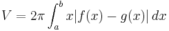 V = 2\pi \int_a^b x\vert f(x) - g(x)\vert\,dx