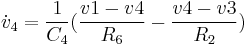 \dot{v}_4 = {1 \over C_4} ({{v 1 - v 4} \over R_6} - {{v 4 - v 3} \over R_2} )