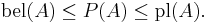 \operatorname{bel}(A) \le P(A) \le \operatorname{pl}(A).