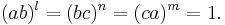  (ab)^{l}=(bc)^{n}=(ca)^{m}=1. 