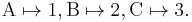 \text{A} \mapsto 1, \text{B} \mapsto 2, \text{C} \mapsto 3.