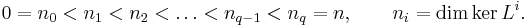  0 = n_0 < n_1 < n_2 < \ldots < n_{q-1} < n_q = n,\qquad n_i = \dim \ker L^i. 