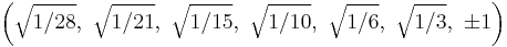 \left(\sqrt{1/28},\ \sqrt{1/21},\ \sqrt{1/15},\ \sqrt{1/10},\ \sqrt{1/6},\ \sqrt{1/3},\ \pm1\right)