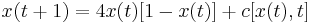   {x}^{ }_{ }(t%2B1) = 4 x(t) [1-x(t)] %2Bc[x(t),t] 