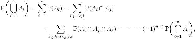 \begin{align}
\mathbb{P}\biggl(\bigcup_{i=1}^n A_i\biggr) & {} =\sum_{i=1}^n \mathbb{P}(A_i)
-\sum_{i,j\,:\,i<j}\mathbb{P}(A_i\cap A_j) \\
&\qquad%2B\sum_{i,j,k\,:\,i<j<k}\mathbb{P}(A_i\cap A_j\cap A_k)-\ \cdots\ %2B(-1)^{n-1}\, \mathbb{P}\biggl(\bigcap_{i=1}^n A_i\biggr),
\end{align}