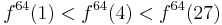 f^{64}(1) < f^{64}(4) < f^{64}(27)\, 