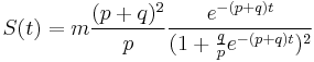 \ S(t)=m{ \frac{(p%2Bq)^2}{p}} \frac{e^{-(p%2Bq)t}}{(1%2B\frac{q}{p}e^{-(p%2Bq)t})^2} 