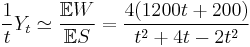 
\frac{1}{t} Y_t \simeq \frac{\mathbb{E}W}{\mathbb{E}S}
= \frac{ 4(1200t %2B 200) }{ t^2 %2B 4t - 2t^2 }
