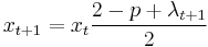 x_{t%2B1} = x_t \frac{2 - p %2B \lambda_{t%2B1}}{2}