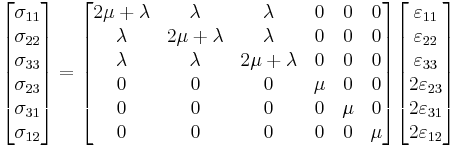 
   \begin{bmatrix}\sigma_{11} \\ \sigma_{22} \\ \sigma_{33} \\ \sigma_{23} \\ \sigma_{31} \\ \sigma_{12} \end{bmatrix}
   = 
   \begin{bmatrix} 2\mu%2B\lambda & \lambda & \lambda & 0 & 0 & 0 \\
                   \lambda & 2\mu%2B\lambda & \lambda & 0 & 0 & 0 \\
                   \lambda & \lambda & 2\mu%2B\lambda & 0 & 0 & 0 \\
                   0 & 0 & 0 & \mu & 0 & 0 \\
                   0 & 0 & 0 & 0 & \mu & 0 \\
                   0 & 0 & 0 & 0 & 0 & \mu \end{bmatrix}
    \begin{bmatrix}\varepsilon_{11} \\ \varepsilon_{22} \\ \varepsilon_{33} \\ 2\varepsilon_{23} \\ 2\varepsilon_{31} \\ 2\varepsilon_{12} \end{bmatrix} 
