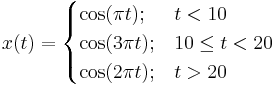 x(t)=\begin{cases}
\cos(  \pi t);  & t  <10 \\
\cos(3 \pi t);  & 10 \le t < 20 \\
\cos(2 \pi t);  & t  > 20
\end{cases}