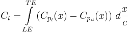 C_l=\int\limits_{LE}^{TE}\left(C_{p_l}(x)-C_{p_u}(x)\right)\,d \frac{x}{c}