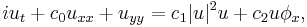 i u_t %2B c_0 u_{xx} %2B u_{yy} = c_1 |u|^2 u %2B c_2 u \phi_x,\,