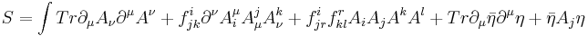  S= \int Tr \partial_\mu A_\nu \partial^\mu A^\nu %2B f^i_{jk} \partial^\nu A_i^\mu A^j_\mu A^k_\nu %2B f^i_{jr} f^r_{kl} A_i A_j A^k A^l %2B Tr \partial_\mu \bar\eta \partial^\mu \eta %2B \bar\eta A_j \eta \,