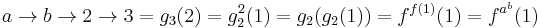 a \to b \to 2 \to 3 = g_3(2) = g_2^2(1) = g_2(g_2(1)) = f^{f(1)}(1) = f^{a^b}(1)