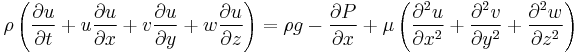 {\rho} \left (\frac{{\partial}u}{{\partial}t}%2Bu\frac{{\partial}u}{{\partial}x}%2Bv\frac{{\partial}u}{{\partial}y}%2Bw\frac{{\partial}u}{{\partial}z}\right )= {\rho}g-\frac{{\partial}P}{{\partial}x}%2B{\mu}\left( \frac{{\partial^2}u}{{\partial}x^2}%2B\frac{{\partial^2}v}{{\partial}y^2}%2B\frac{{\partial^2}w}{{\partial}z^2}\right)\,\!