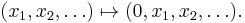 (x_1, x_2, \dots) \mapsto (0, x_1, x_2, \dots).