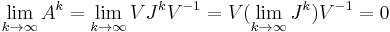 \lim_{k \to \infty}A^k=\lim_{k \to \infty}VJ^kV^{-1}=V(\lim_{k \to \infty}J^k)V^{-1}=0