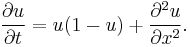 \displaystyle  \frac{\partial u}{\partial t}=u(1-u)%2B\frac{\partial^2 u}{\partial x^2}.\, 