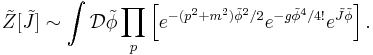 \tilde{Z}[\tilde{J}]\sim\int \mathcal{D}\tilde\phi \prod_p \left[e^{-(p^2%2Bm^2)\tilde\phi^2/2} e^{-g\tilde\phi^4/4!} e^{\tilde{J}\tilde\phi}\right].