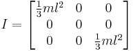 
I =
\begin{bmatrix}
  \frac{1}{3} m l^2  & 0 & 0 \\
  0 & 0 & 0 \\
  0 & 0 & \frac{1}{3} m l^2 
\end{bmatrix}
