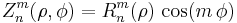 Z^{m}_n(\rho,\phi) = R^m_n(\rho)\,\cos(m\,\phi) \!