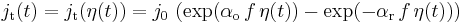 
j_{\text{t}}(t)=j_{\text{t}}(\eta(t))=j_0\,\left(\exp(\alpha_{\text{o}}\,f\, \eta(t))-\exp(-\alpha_{\text{r}}\,f\,\eta(t))\right)
