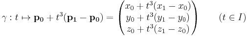  \mathbf{\gamma}:t \mapsto \mathbf{p_0} %2B t^3 (\mathbf{p_1} - \mathbf{p_0})= \begin{pmatrix}
 x_0 %2B t^3 (x_1 - x_0)\\
 y_0 %2B t^3 (y_1 - y_0) \\
 z_0 %2B t^3 (z_1 - z_0) \\
\end{pmatrix} \qquad (t \in I) 