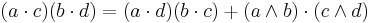 (a \cdot c)(b \cdot d) = (a \cdot d)(b \cdot c) %2B (a \wedge b) \cdot (c \wedge d)\,