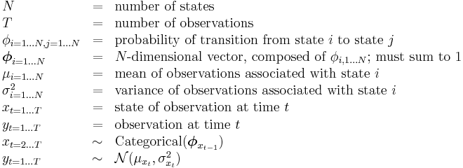 
\begin{array}{lcl}
N &=& \text{number of states} \\
T &=& \text{number of observations} \\
\phi_{i=1 \dots N, j=1 \dots N} &=& \text{probability of transition from state } i \text{ to state } j \\
\boldsymbol\phi_{i=1 \dots N} &=& N\text{-dimensional vector, composed of } \phi_{i,1 \dots N} \text{; must sum to 1} \\
\mu_{i=1 \dots N} &=& \text{mean of observations associated with state } i \\
\sigma^2_{i=1 \dots N} &=& \text{variance of observations associated with state } i \\
x_{t=1 \dots T} &=& \text{state of observation at time } t \\
y_{t=1 \dots T} &=& \text{observation at time } t \\
x_{t=2 \dots T} &\sim& \operatorname{Categorical}(\boldsymbol\phi_{x_{t-1}}) \\
y_{t=1 \dots T} &\sim& \mathcal{N}(\mu_{x_t}, \sigma_{x_t}^2)
\end{array}
