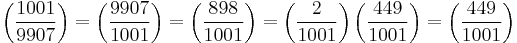 
 \left(\frac{1001}{9907}\right) 
=\left(\frac{9907}{1001}\right) 
=\left(\frac{898}{1001}\right) 
=\left(\frac{2}{1001}\right)\left(\frac{449}{1001}\right)
=\left(\frac{449}{1001}\right)
