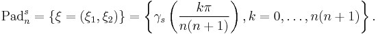 \text{Pad}_n^s=\lbrace\mathbf{\xi}=(\xi_1,\xi_2)\rbrace=\left\lbrace\gamma_s\left(\frac{k\pi}{n(n%2B1)}\right),k=0,\ldots,n(n%2B1)\right\rbrace.